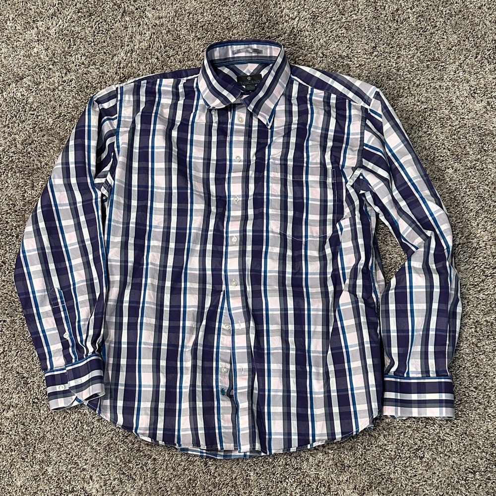 Toscano Navy,purple, pink and White Striped Men's Button Up Shirt Size XL